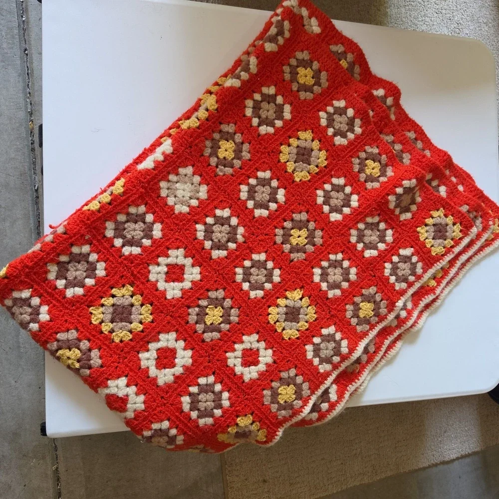 Vintage Handmade Granny Square Crochet Throw Blanket Red Brown Cream 60